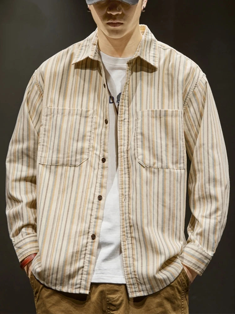 Streetwear Autumn Loose Striped Long Sleeve Shirts For Men Korean Fashion High Qu Autumn Loose Striped Long Sleeve Shirts For Men Korean Fashion High Quality Casual Shirt Y2K Streetwear Stand Collar T Shirts Fashion Sweater Jacket With Graphic Design For Men
