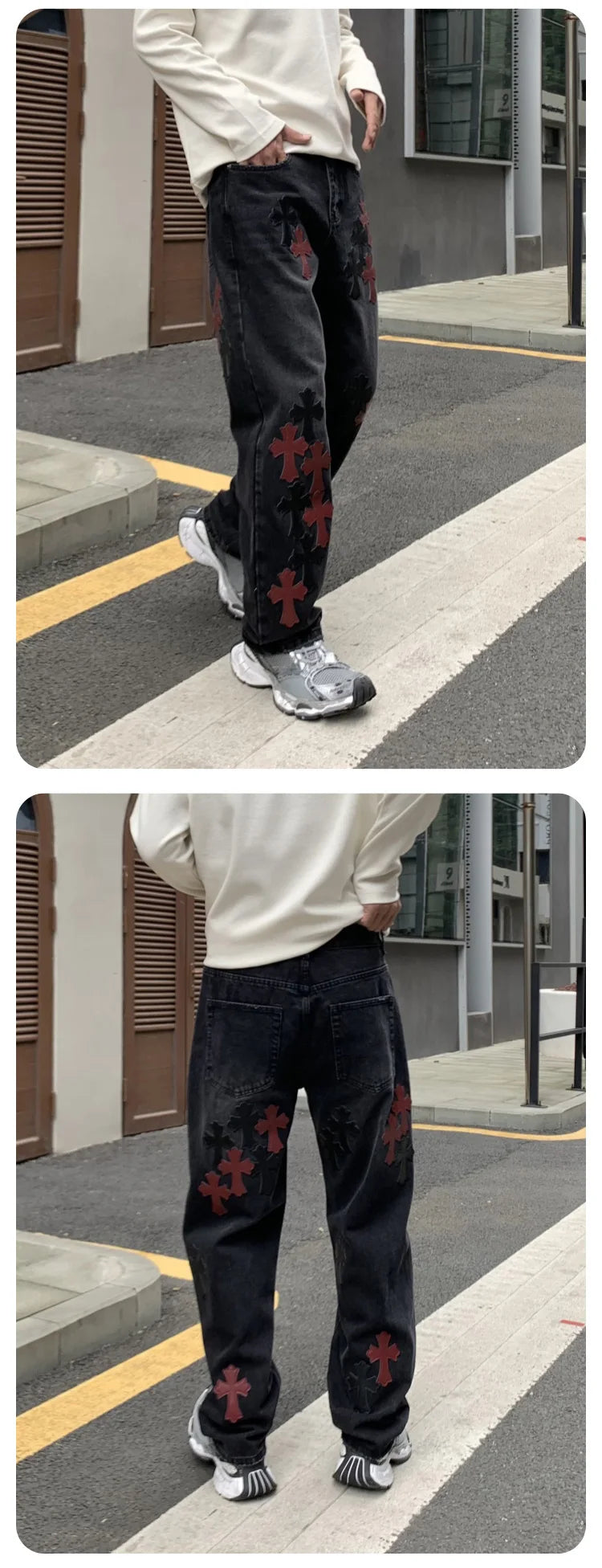 men embroidery streetwear brand fashion hip hop loose casual straight motorcycle denim jeans pant cityboy y2k jeans trousers unique jeans style 2364