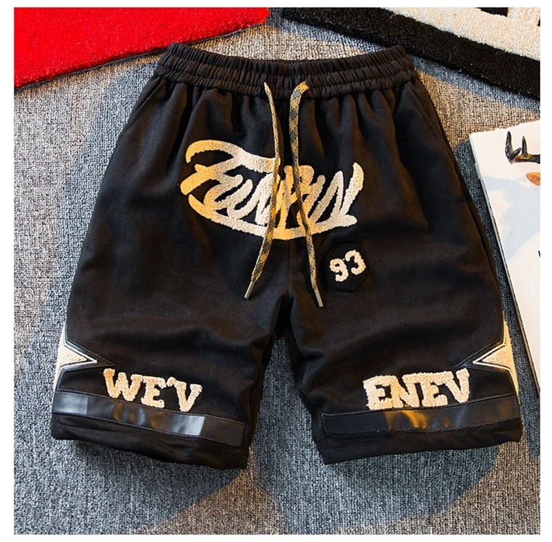 Suede Shorts Men 2024 Summer Men's High Street Letter Print Loose Five-point Pants Straight Simple fashion American basketball s Street King Limited