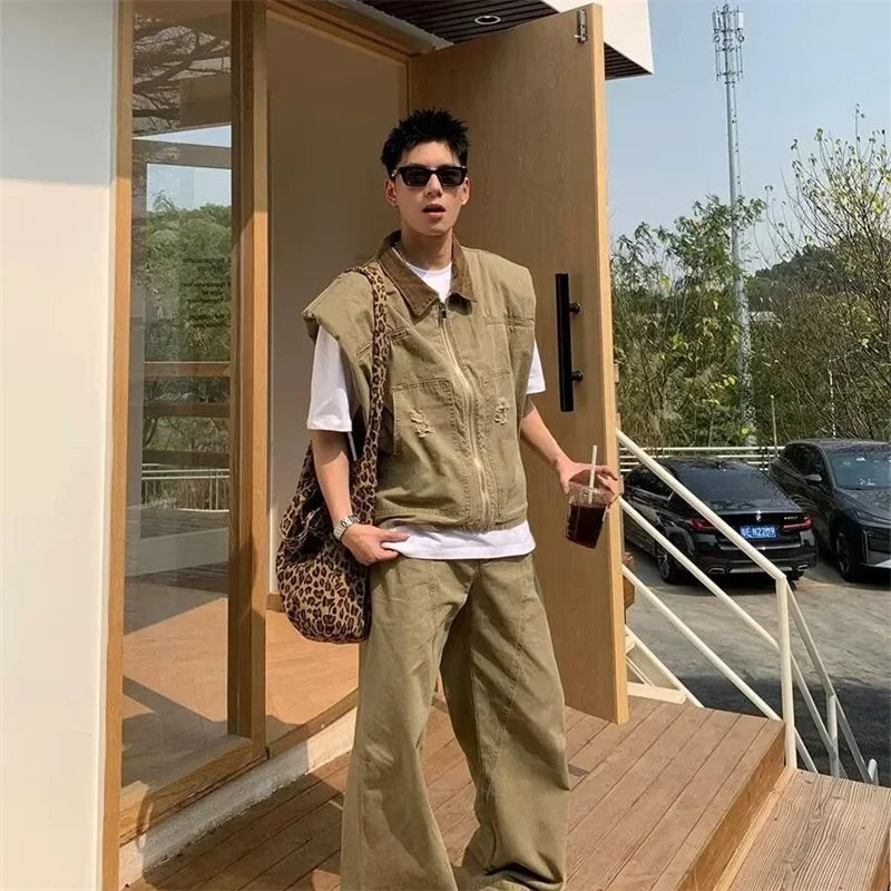 autumn mens zipper sleeveless denim jackets outwear streetwear khaki cargo vest coats 2024 new hip hop fashion working clothes baggy cargo bottoms