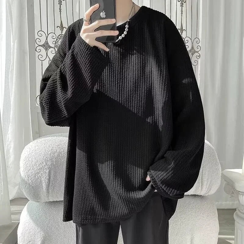 Autumn Men's V-neck Long Sleeve T-shirts New Solid Color Jacquard Waffle Pullover Tops High Street Fashion Breathable Tee Shirts Street King Limited