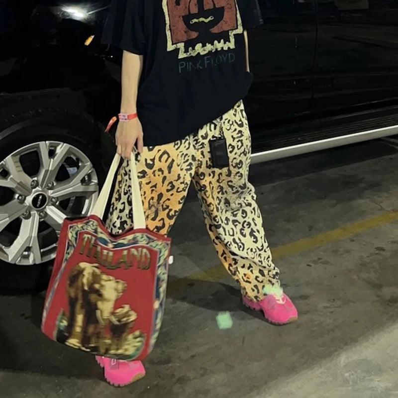 Vintage Leopard Patchwork Straight Baggy Jeans Pants Mens Streetwear Pockets Casual Unisex Denim Trousers Loose Cargo Pants Street King Limited