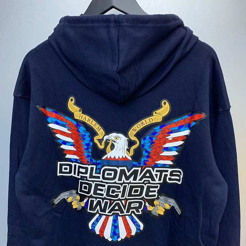 New WHO DECIDES WAR Hoodies Men Woman Deep Blue Oversized Vintage Eagle Printing Trend Hip Hop Hooded Hoodies Street King Limited