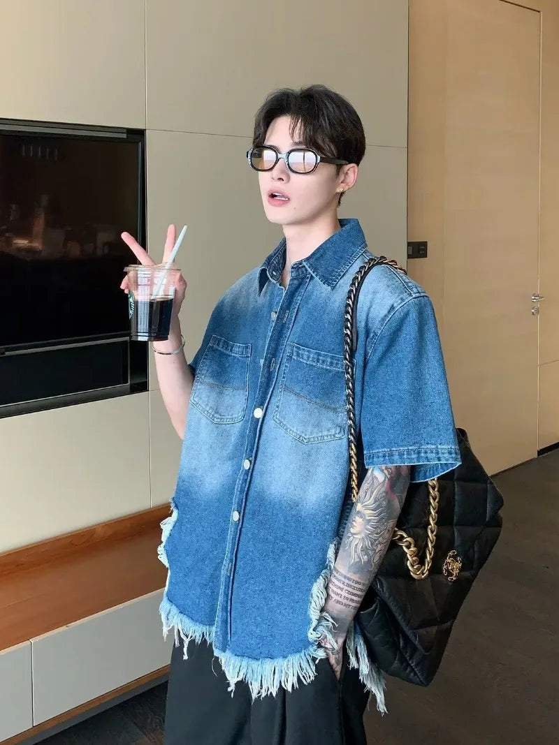 summer trend mens set shoulder padded short sleeved denim shirt quick drying casual pants 2 pcs set american retro street suit unique jeans style 3893