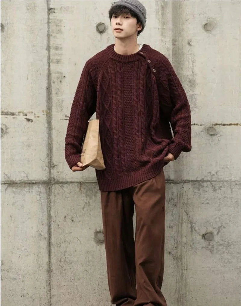 Thicken Japanese Retro Sweater Mens 2024 New College Couples Casual Warm Round Neck Pullover Red Simplicity Knitted Jacket Street King Limited
