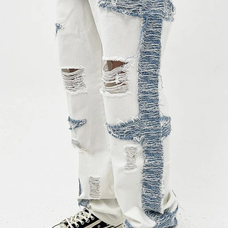 mens high street denim jean pants casual loose destroyed ripped holes straight jeans side patchwork hip hop streetwear joggers relaxed fit joggers