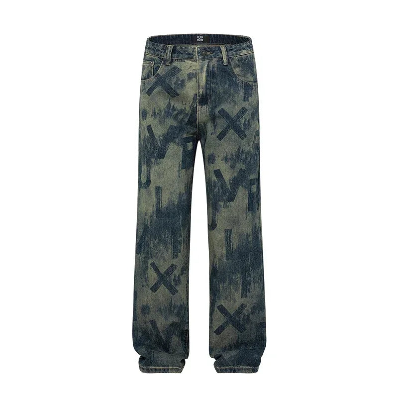 men loose casual american high street hip hop vibe printed denim baggy jeans pants man streetwear ripped jeans trousers unique jeans style 2981