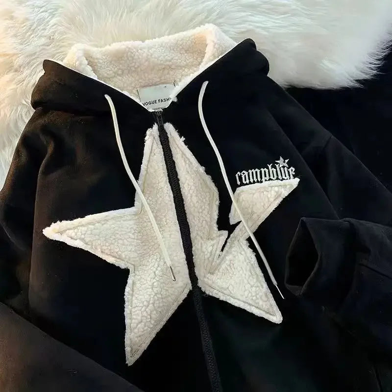 Star Hoodie American Style Retro Jackets Five Pointed Plush Thickened Lamb Wool Coat Women Autumn and Winter Loose Lazy Style Street King Limited