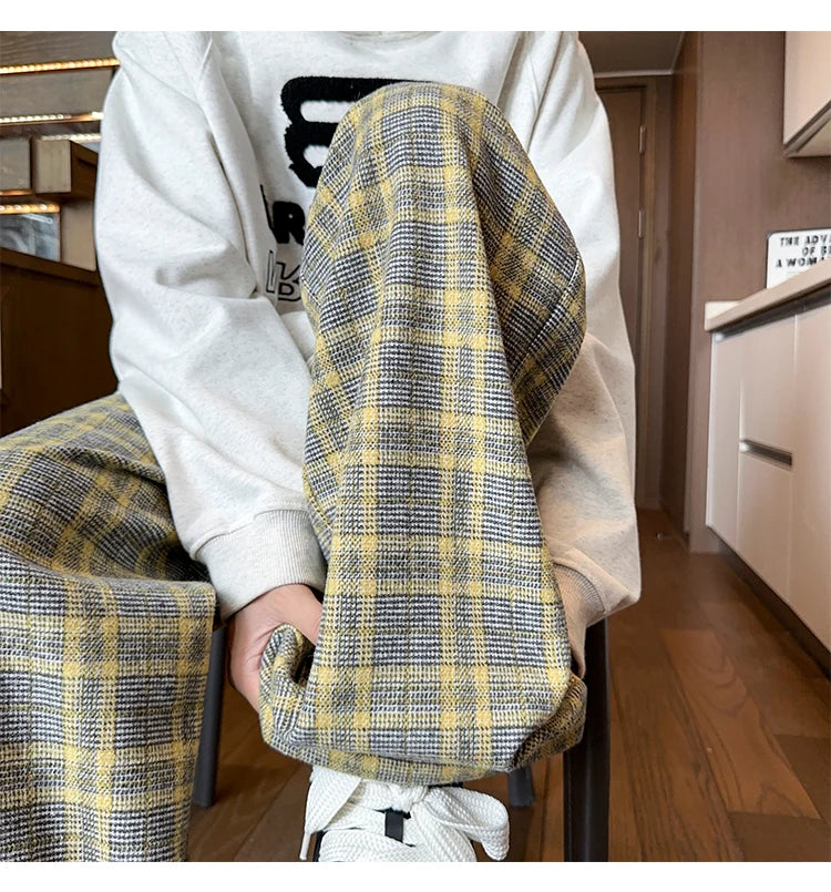 mens plaid pants baggy winter trendy fleece loose straight wide leg mopping trousers unisex thick velvet warm long pants unique default style 1107