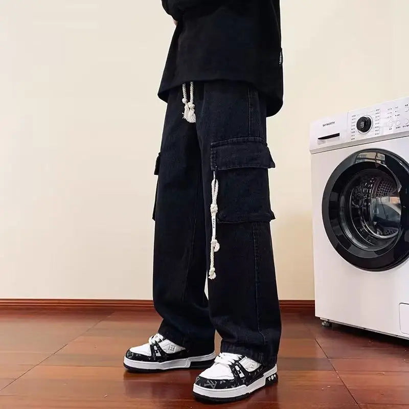 american retro and personalized straight leg jeans for men and women with hiphop big pocket design work pants loose casual pants unique jeans style 751