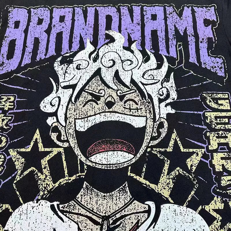New High Street Hip Hop Cartoon Anime Printing Men Woman T-shirt Loose Casual Lovers Cotton Versatile Black Top Tees Street King Limited