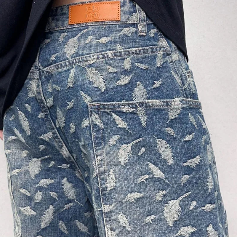 men jacquard loose casual hip hop vibe splice pocket denim baggy jeans pants man streetwear ripped jeans trousers boyfriend unique jeans style 2995