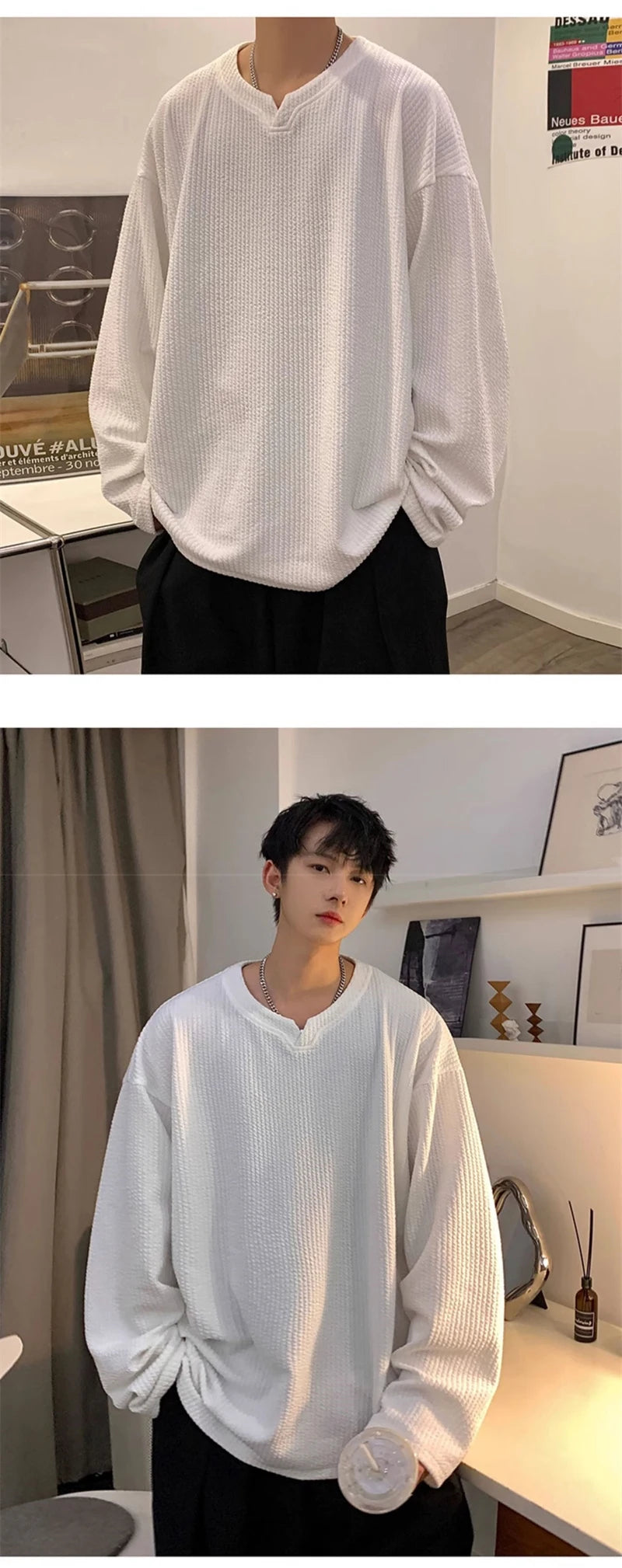 Autumn Men's V-neck Long Sleeve T-shirts New Solid Color Jacquard Waffle Pullover Tops High Street Fashion Breathable Tee Shirts Street King Limited