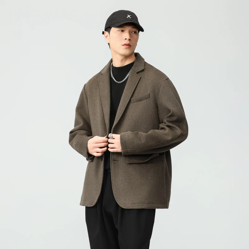 autumn winter men business casual fashion retro woolen thick blazer jacket korean streetwear plus size suit coat outerwear urban fashion pants