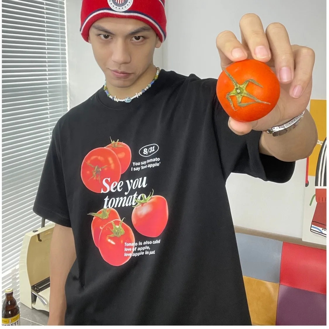 Tomato print pure cotton short-sleeved T-shirt, fun and cute men and women niche fashion brand Korean style college style top Street King Limited