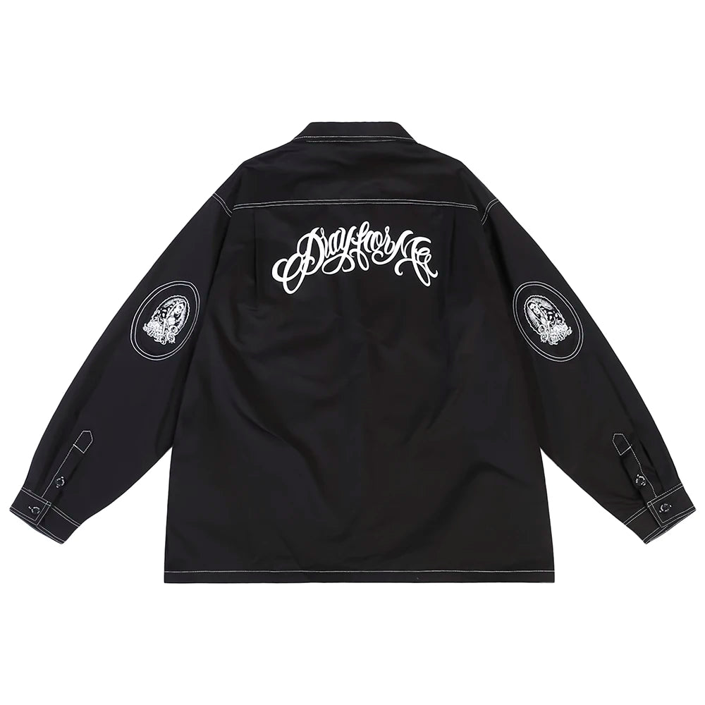 Trees Print On the Neck Black Long Sleeve Shirts for Men High Street Baggy Y2k Camisas Oversized Harajuku Casual Clothing Street King Limited