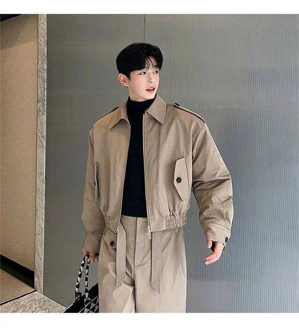 men 2 pieces sets quilted short cargo jacket pant autumn winter korean streetwear casual thicken bomber coat trousers suits unique cargo style 2646