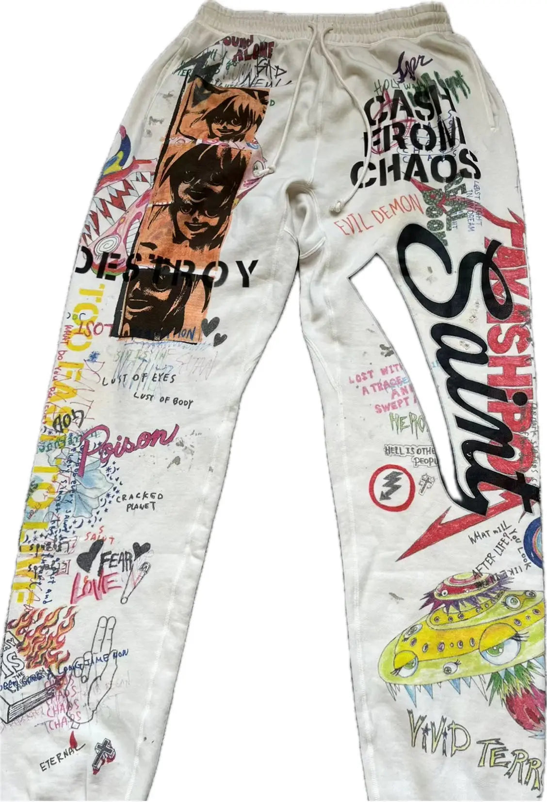24ss vintage retro graffiti washed worn cotton high street long pants leggings unique default style 4722