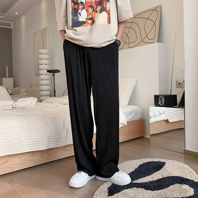 Summer Pleated Pants Men Oversized Gray Black Casual Trousers Men Japanese Streetwear Loose Wide Leg Pants Mens Ice Silk Pants Street King Limited