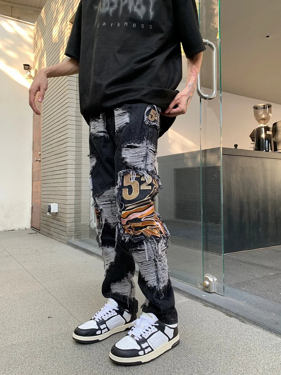fashion embroidery destroyed ripped tassel holes denim jean pants mens casual loose straight jeans hip hop streetwear joggers unique joggers style 3331