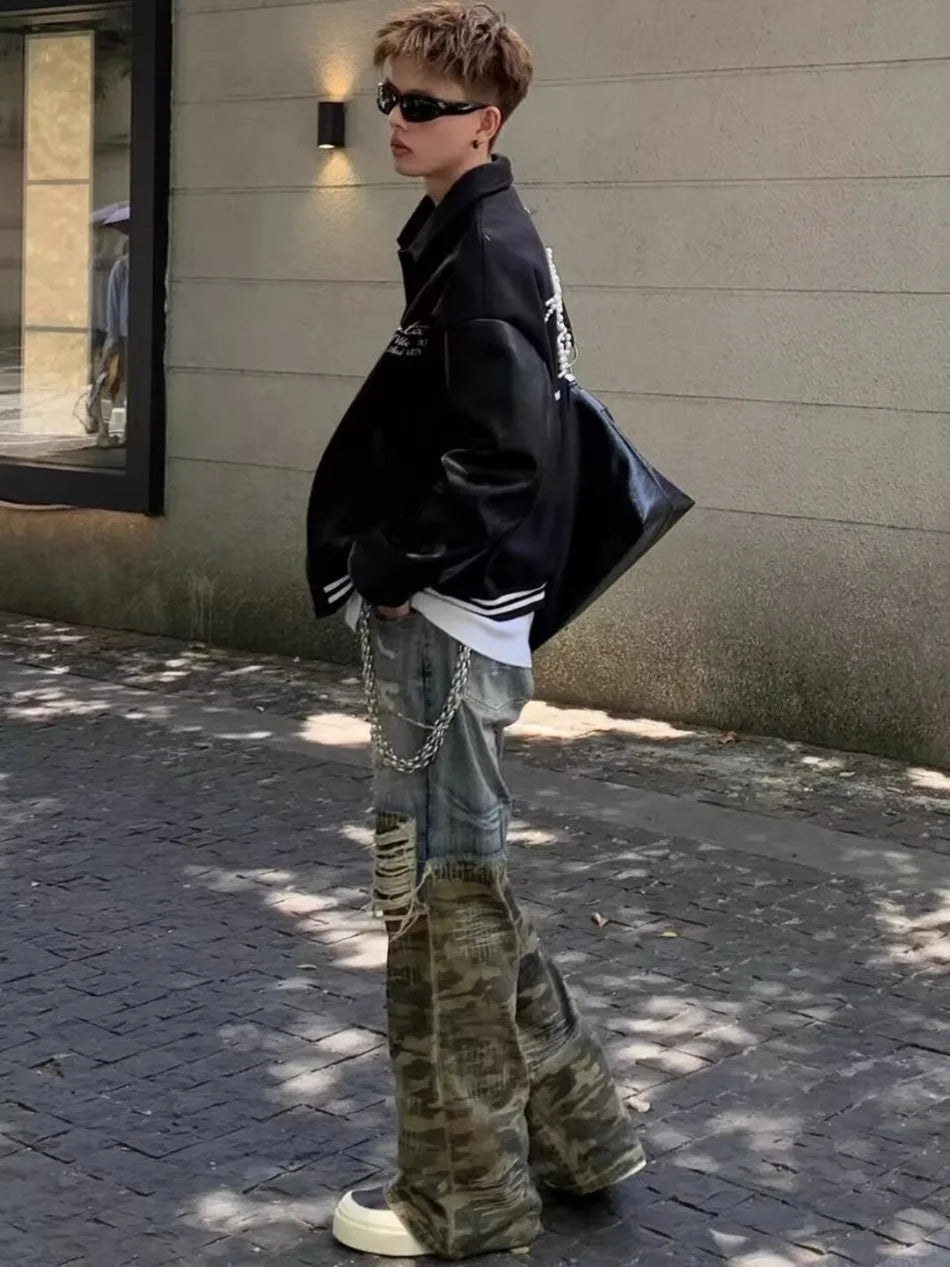 Trendy Camo Cowboy Cargo Pants Mens Spring Autumn Elasticity Fashion Harajuku Patchwork Straight Jeans New Washed Denim Trousers Street King Limited