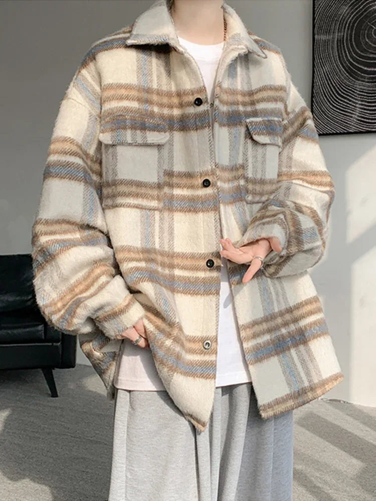 winter y2k vintage striped woolen jackets for men patchwork long sleeve plaid cardigan coats high street cargo shirt jacket unique cargo style 80