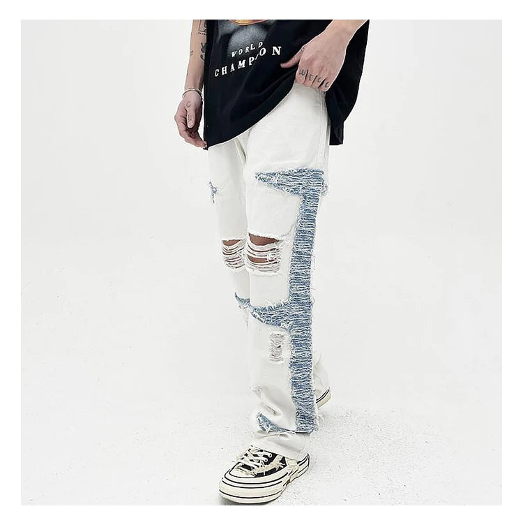 mens high street denim jean pants casual loose destroyed ripped holes straight jeans side patchwork hip hop streetwear joggers unique joggers style 1733