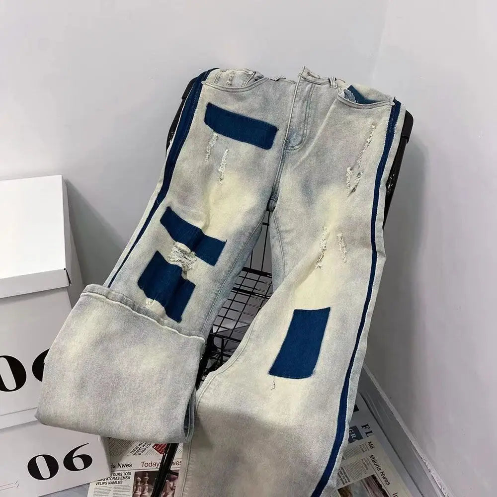 men and women trendy high street retro washed ripped color blocked jeans summer hip hop loose straight leg casual pants y2k stacked flare jeans