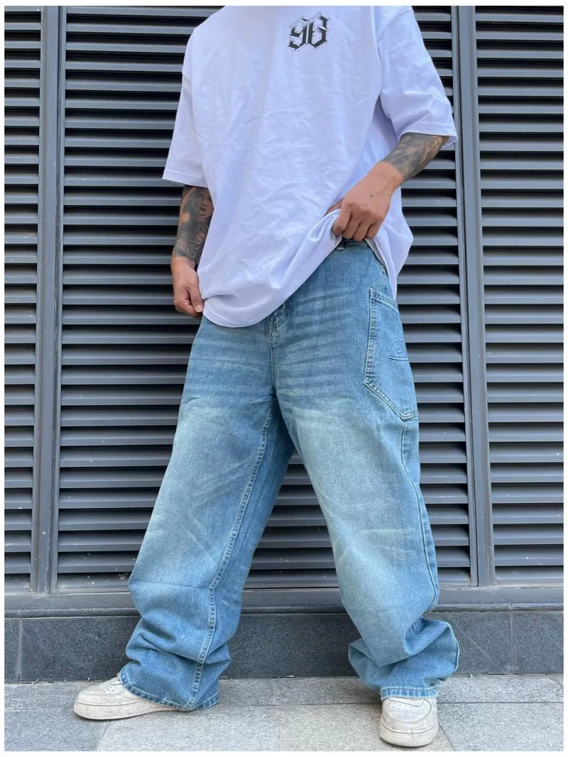 fashion loose streetwear denim jeans pants unisex casual side pocket wide legs jean trousers hip hop joggers mens baggy jeans sporty tapered joggers