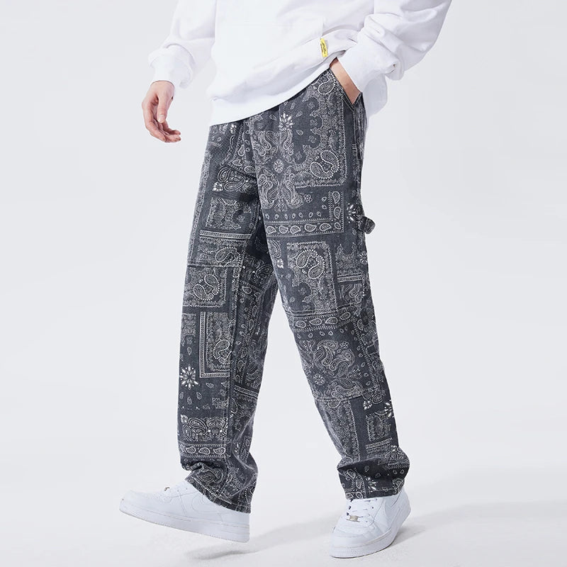 mens hip hop straight denim jeans pants fashion zipper paisley jeans streetwear casual loose trousers pants joggers baggy jeans unique joggers style 1797