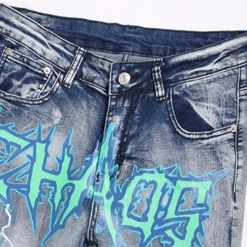 fashion skull graffiti jeans lightning printed denim pants mens distressed biker jeans streetwear slim hip hop pants joggers relaxed fit joggers