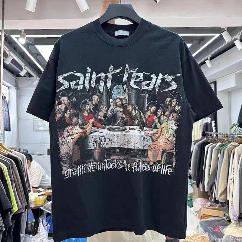 Summer New Chaopai Boxer Letter Print T-shirt Men Woman 1:1 Best Quality Loose Versatile Vintage O-Neck Tops Tee Street King Limited