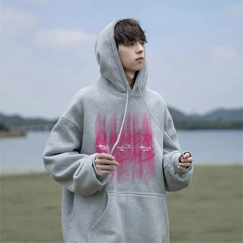 2024 New Graffiti Letter Print Hooded Fleece Sweatshirt For Men Loose Fit Hip Hop Fashion Pullover Hoodies Y2K Streetwear Hoodie Street King Limited