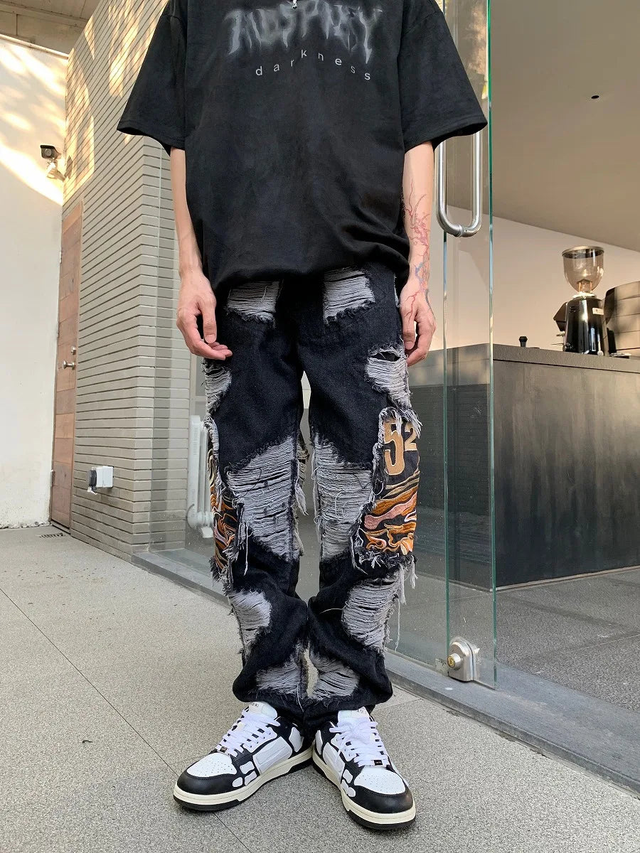 fashion embroidery destroyed ripped tassel holes denim jean pants mens casual loose straight jeans hip hop streetwear joggers unique joggers style 3332