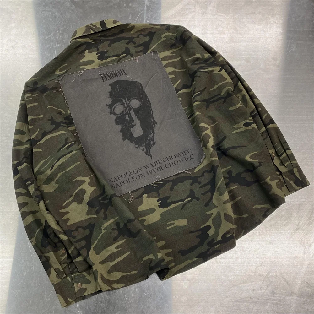 Undermycar High Street Trendy Brand High Quality Extra Large Washed and Worn Dark Checker Patch Camo Shirt Street King Limited