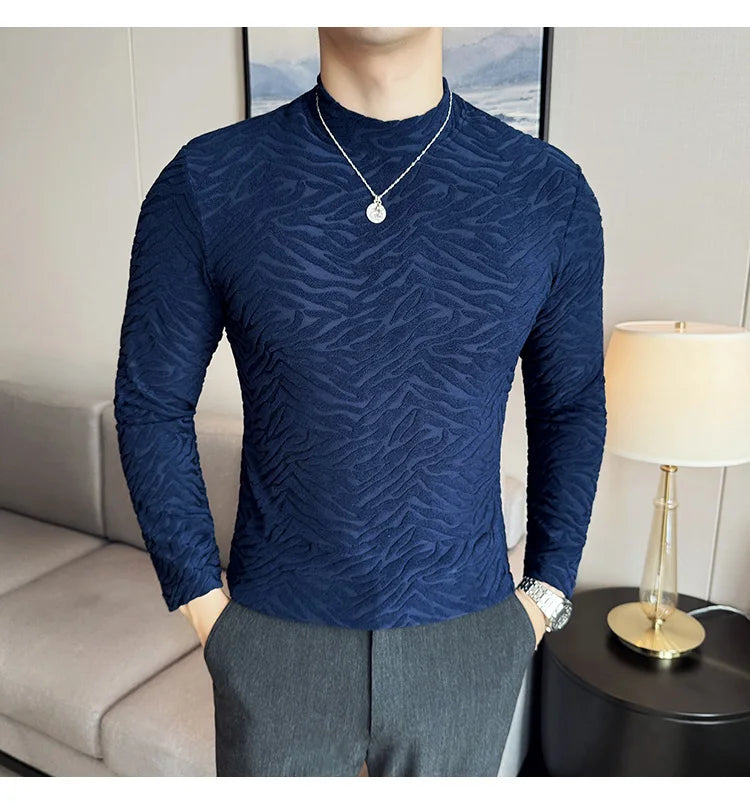 Semi-turtleneck Stretch Slim Fit T Shirt Men Long Sleeve Thicken Velvet Tiger-pattern Bottom T-shirt Business Casual Tshirt Street King Limited