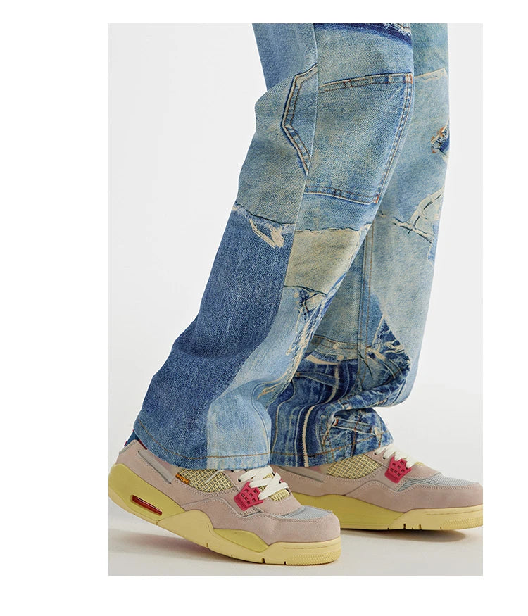 fashion fake patchwork printed denim jeans mens new casual zipper straight loose jeans streetwear hip hop baggy pants joggers unique joggers style 1415