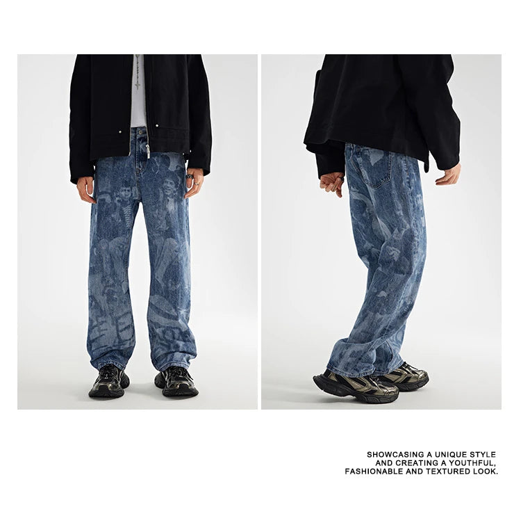 designer human printed denim jeans mens new casual zipper straight hip hop jeans streetwear baggy pants joggers graphic jeans unique joggers style 5148