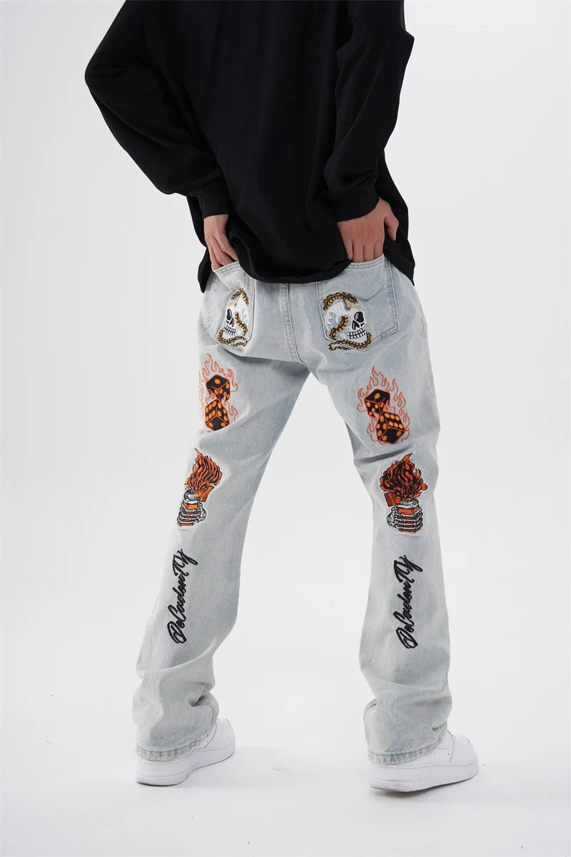 fashion back skull letters embroidery denim flare jeans mens zipper straight trouser hip hop streetwear pants joggers jeans men unique joggers style 5104