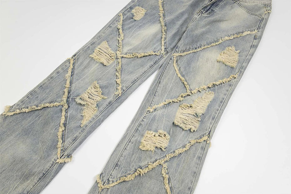 vintage ripped patchwork baggy jeans mens streetwear hip hop loose blue jeans trousers y2k distressed straight denim pants man unique jeans style 4224