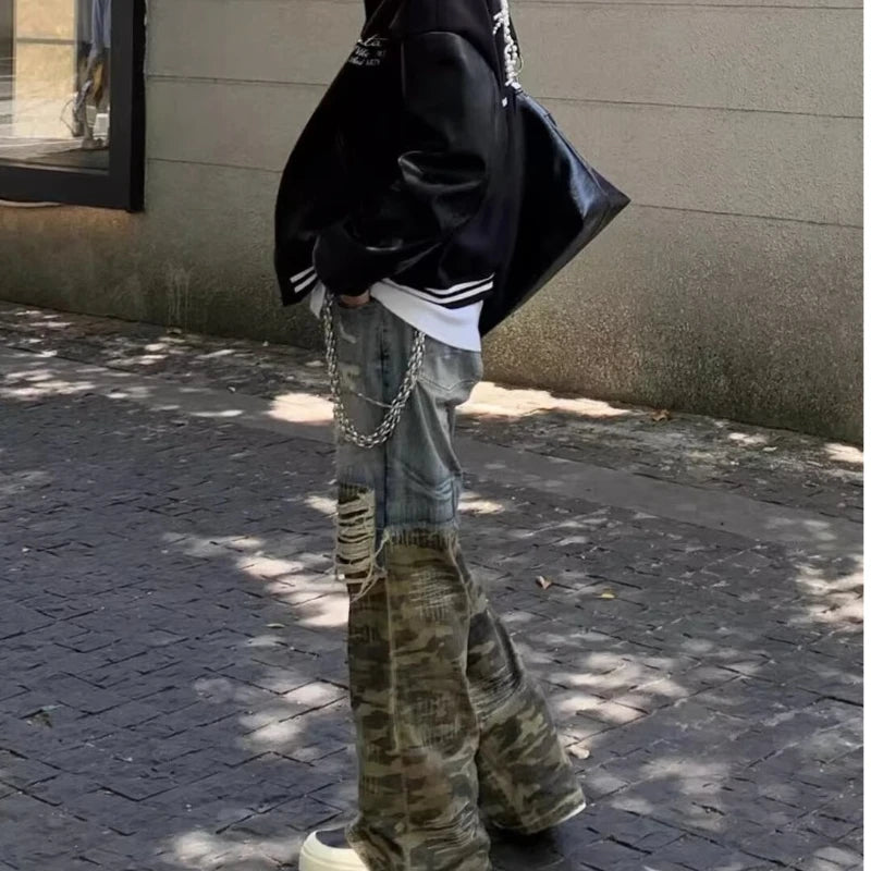 Trendy Camo Cowboy Cargo Pants Mens Spring Autumn Elasticity Fashion Harajuku Patchwork Straight Jeans New Washed Denim Trousers Street King Limited
