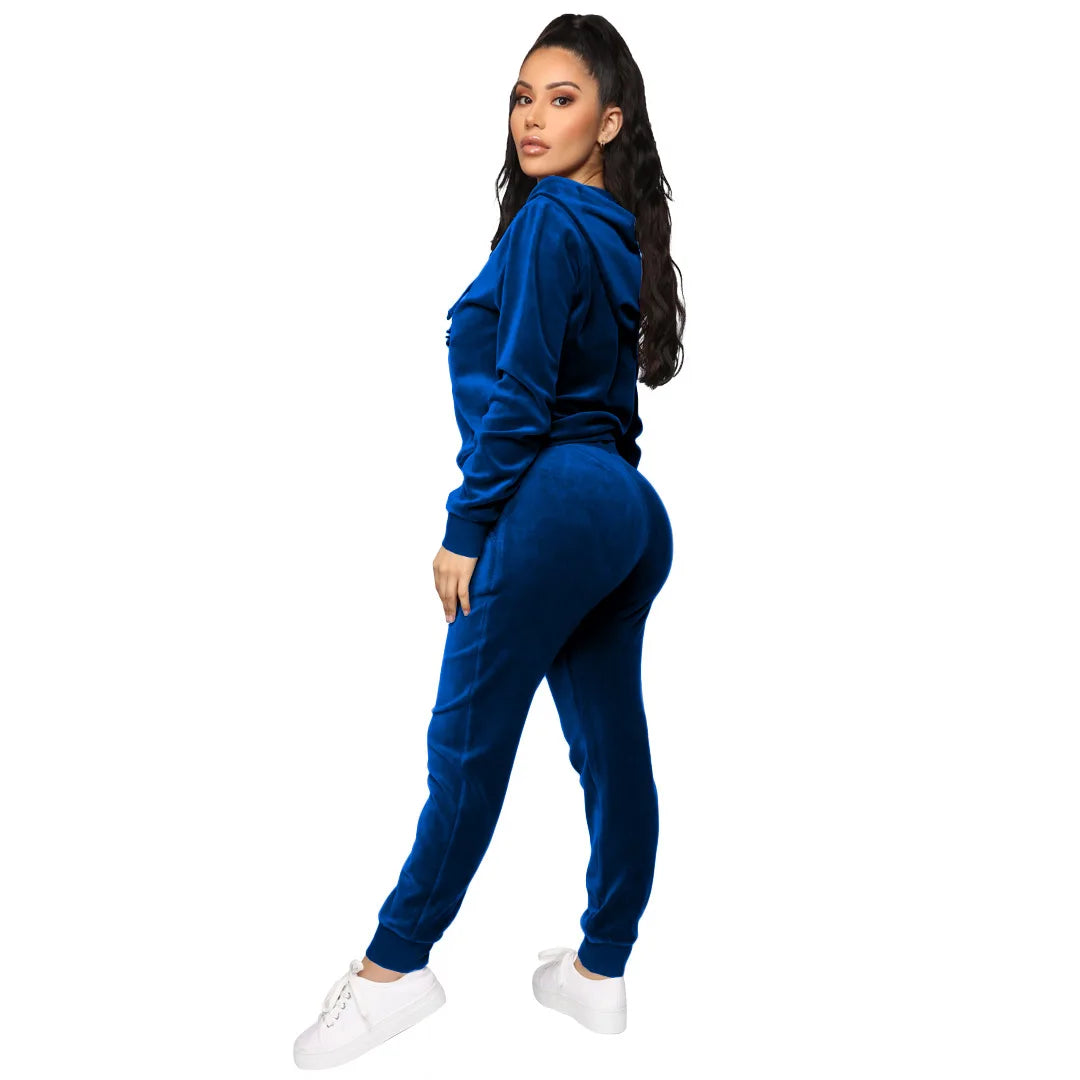 Women's Velvet Hooded Zipper Sweater Elastic Waist Trousers Two-piece Set Fashion Personality Trend Clothing Two-piece Slim Suit Street King Limited