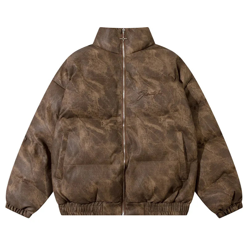 Men Padded Jacket Tie Dye Thickened Stand Collar Bubble Coat American Street Retro Parka Loose Casual Warm Outwear Unisex Street King Limited