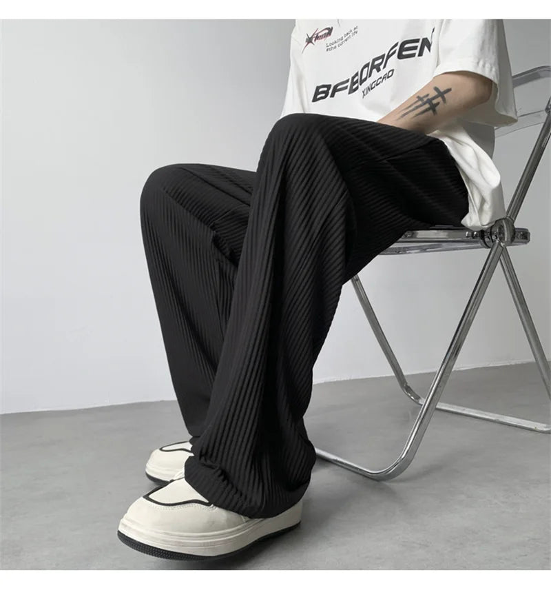 summer texture straight pants for men korean fashion baggy wide leg trousers casual drape pleated striped y2k pantalones hombre unique default style 491