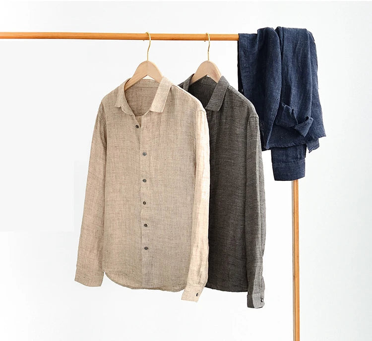 Vintage Linen Shirt Men Spring Autumn New Khaki Lapel Loose Long Sleeve Shirt Retro Casual Solid Breathable Cardigan Top Tees Street King Limited