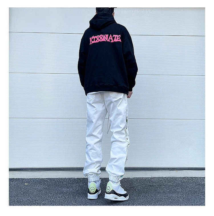 washed distressed denim sweatpant cashew flower patchwork oversized splice buckle jogging jeans casual button baggy men clothing unique joggers style 3337