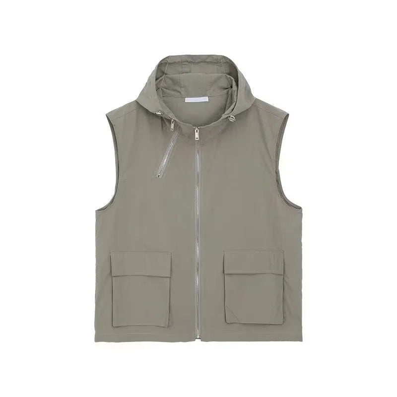 summer casual sleeveless set men hip hop loose hooded vest pockets straight leg cargo pants 2 piece outdoors sports camp suit unique cargo style 3846