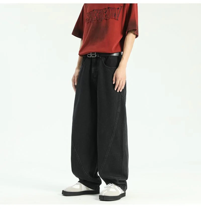 new vintage men s patchwork baggy jeans draped straight leg denim trousers autumn korean fashion high street casual y2k jean unique jeans style 538