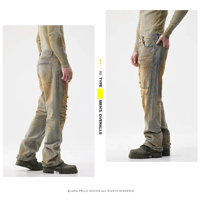 men patch hole distressed plus size denim pant ripped jeans streetwear fashion hip hop vibe loose casual baggy jeans trousers 40 unique jeans style 3082