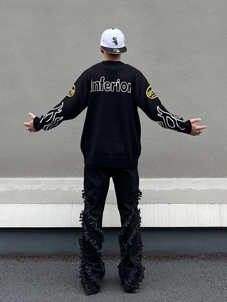 Hip Hop Knitted Sweater Men Letter Fire Pattern O-neck Pullover Streetwear Casual Loose Sweater Unisex Harajuku Jumpers Knitwear Street King Limited